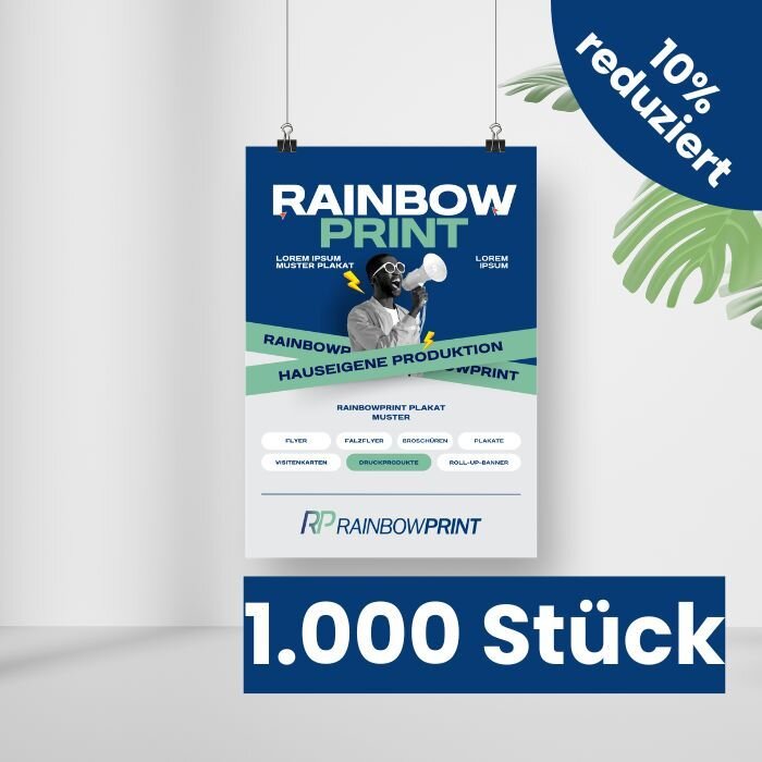 Ein Plakat im Muster von Rainbowprint, welches vor einer wei�en Wand h�ngt.