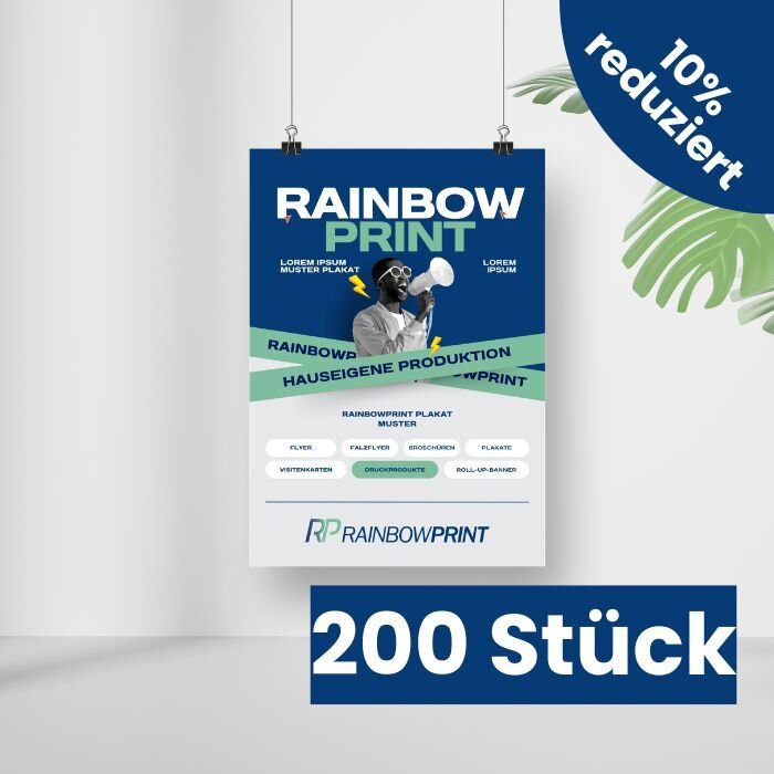 Ein Plakat im Muster von Rainbowprint, welches vor einer wei�en Wand h�ngt.