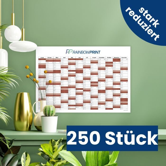 Ein gedruckter Wandkalender von Rainbowprint, welcher an einer gr�nen Wand h�ngt.
