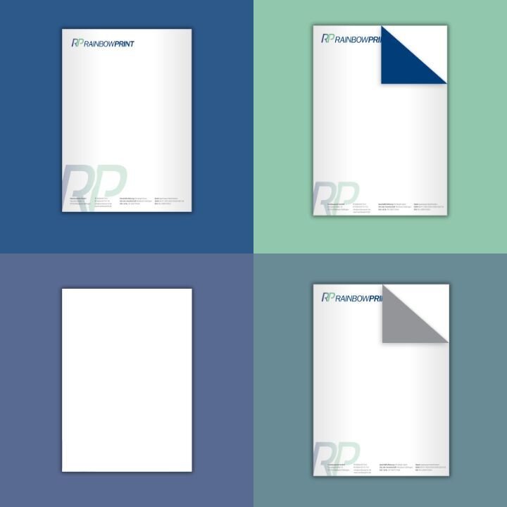 Unterschiede der Briefpapier-Auswahl bei Rainbowprint: Standard Briefpapier, Sonderfarbe und unbedruckte Varianten.