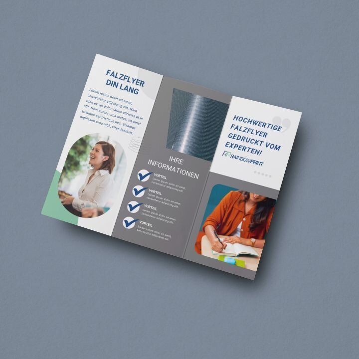 Ein Falzflyer Muster von Rainbowprint im Format DIN Lang.
