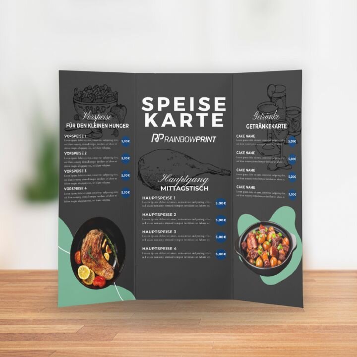 Eine Speisekarte als Falzflyer im DIN Lang Format von Rainbowprint.