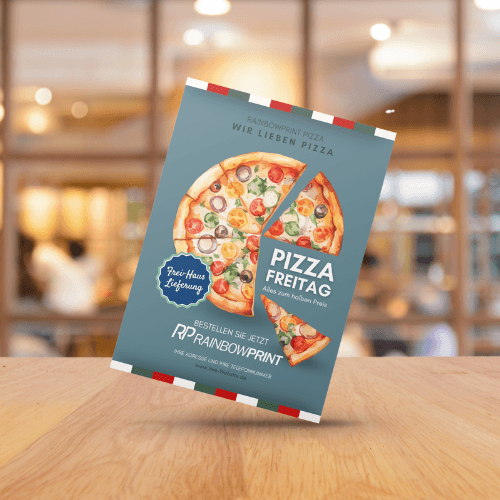 Ein Pizzaflyer von Rainbowprint als ungefalzter Flyer im DIN A4 Format.
