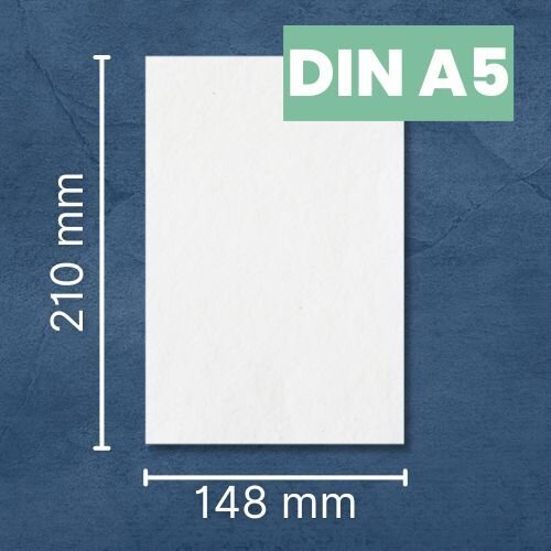 Ein DIN A5 Blatt mit den Maßen (Höhe 210mm und Breite 148mm) angezeichnet.