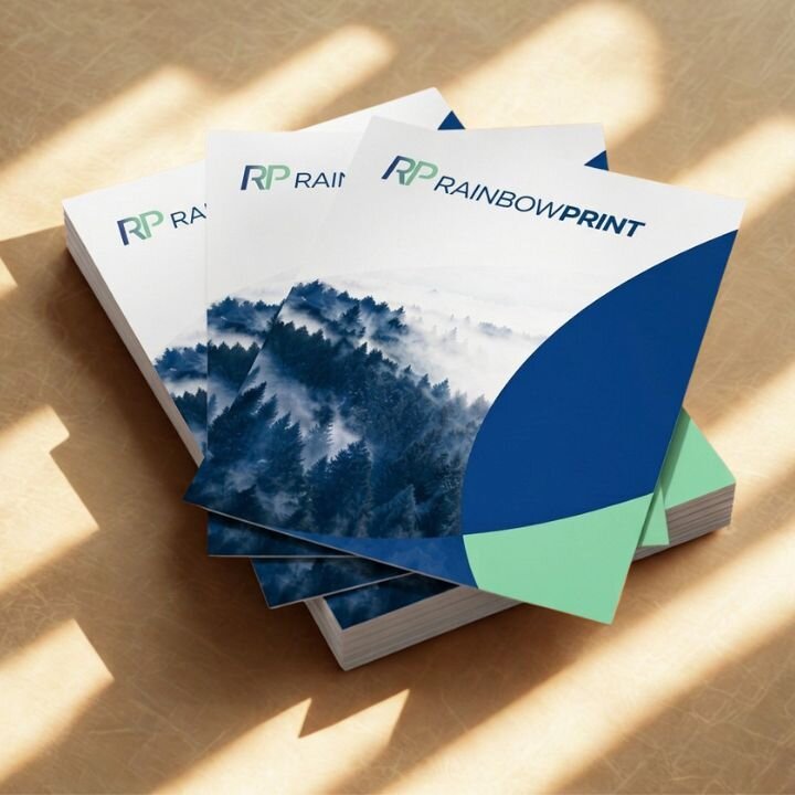 Ein Stapel Flyer von Rainbowprint GmbH auf einem Schreibtisch.