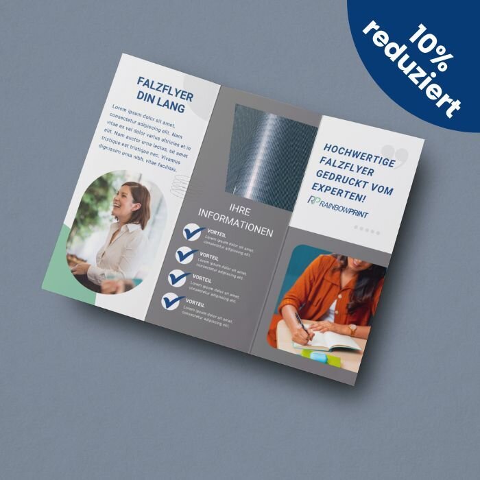 Ein Falzflyer von Rainbowprint auf grauem Hintergrund. Dar�ber ein 