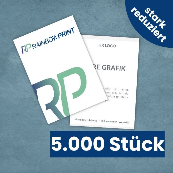 Ein Stapel Flyer DIN A5 von Rainbowprint. Dar�ber der Text 