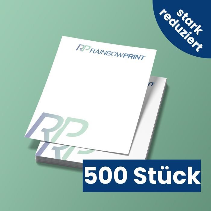 Ein Stapel Flyer DIN A6 von Rainbowprint. Dar�ber der Text 