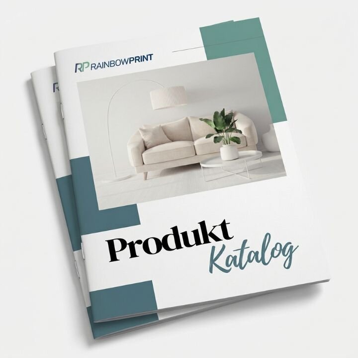 Zwei Produktkataloge mit Klammerheftung aufeinander.