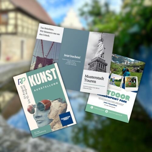 Zwei Flyer und ein Falzflyer mit den Themen Tourismus und Kultur.