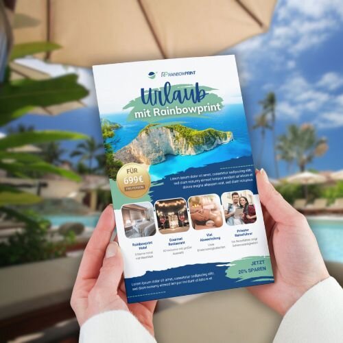 Ein Urlaubsflyer, der am Pool in den Händen gehalten wird. Darauf sind verschiedene Angebote zu erkennen.